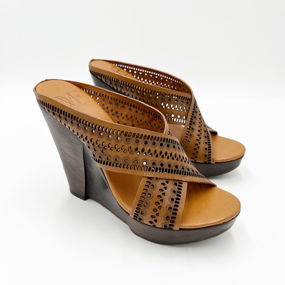 Diane Von Furstenberg Tan Laser-Cut Leather Wedge Sandals